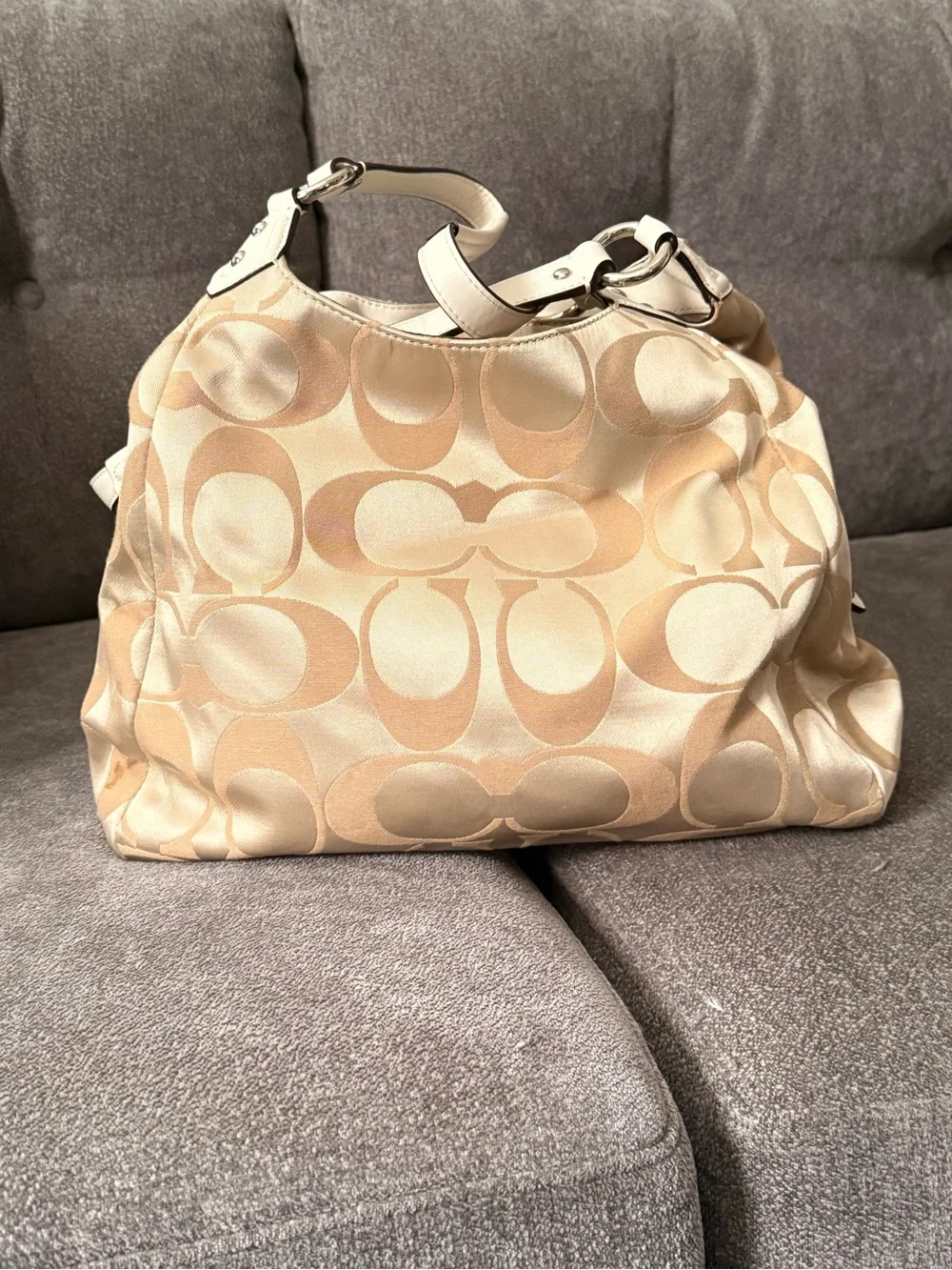 Coach Signature Beige Canvas Shoulder Bag with Cream Leather Trim